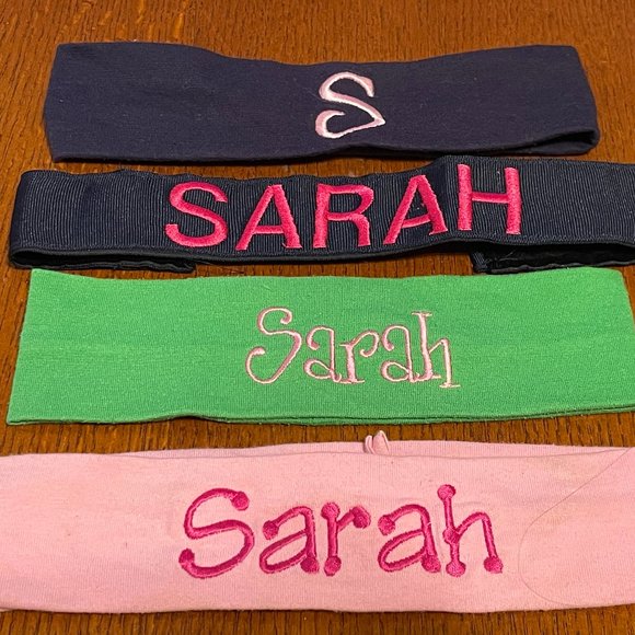 LOT 4 SARAH EMBROIDERED MONOGRAMMED HEADBAND FABRIC PINK GREEN BLACK - Picture 1 of 2